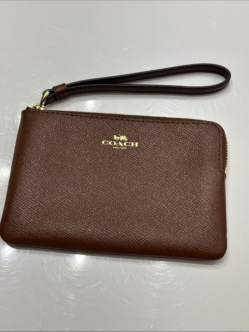 Coach Corner Zip Wristlet Saddle Brown Crossgrain Leather